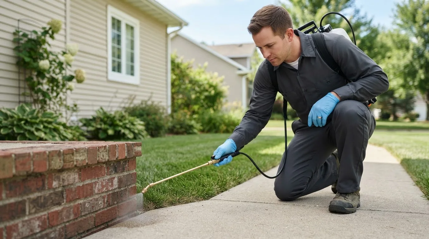 Pest control technician treating a home near Platinum, AK